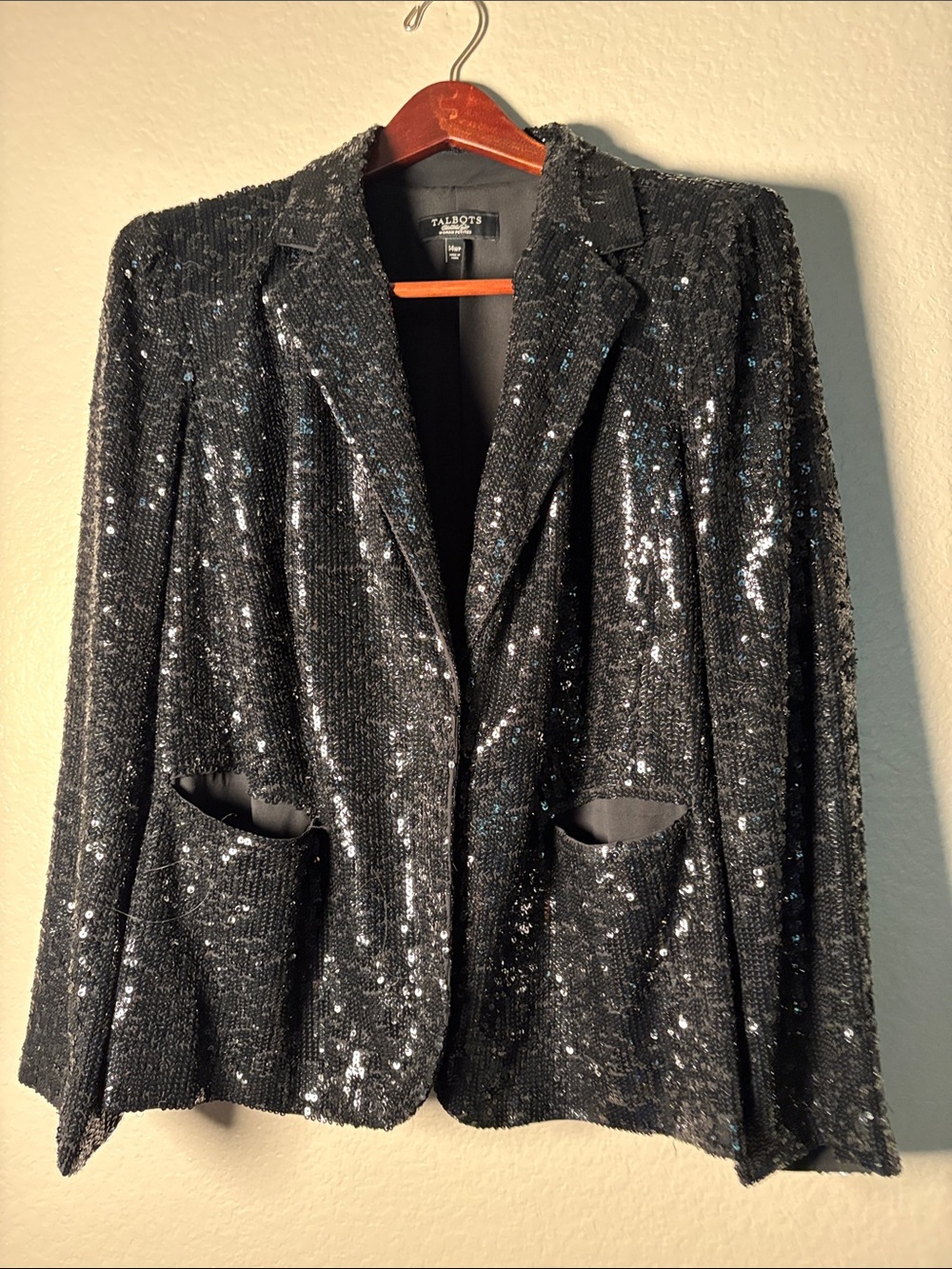 Talbots Black Sequin Blazer Jacket With Notch Lapel